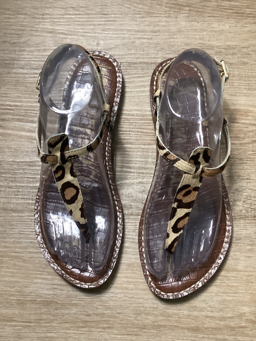 Sam Edelman Leopard T-Strap Sandals - Tan/Brown Sz 8 1/2 RN# 135823